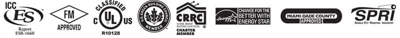 A black and white picture of some logos for roofing companies.